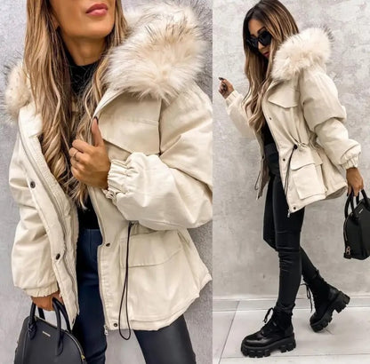 Women's Thick Fleece-Like Winter Jacket with Fur Collar Hood European Style Cold Weather Outerwear