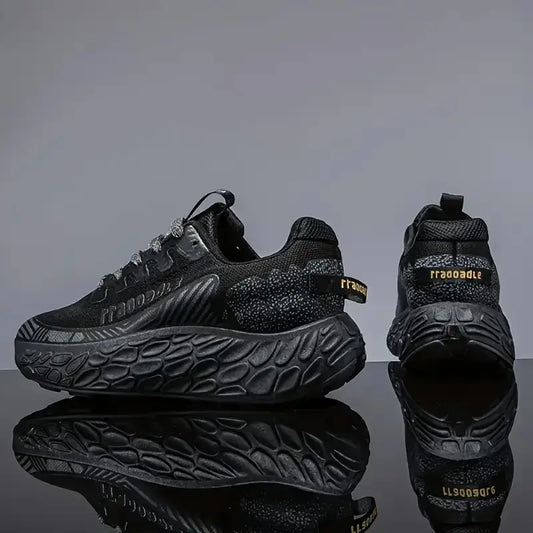 Men's Lightweight Thick-Soled Sports Sneakers – Breathable Low-Top Running Shoes with Cushioned PVC Sole, Arch Support & Non-Slip Grip – Grey/Black