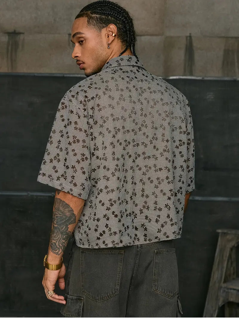 Men's Floral Print Short Sleeve Button-Up Shirt Loose Fit White Collar Brown Accents Summer