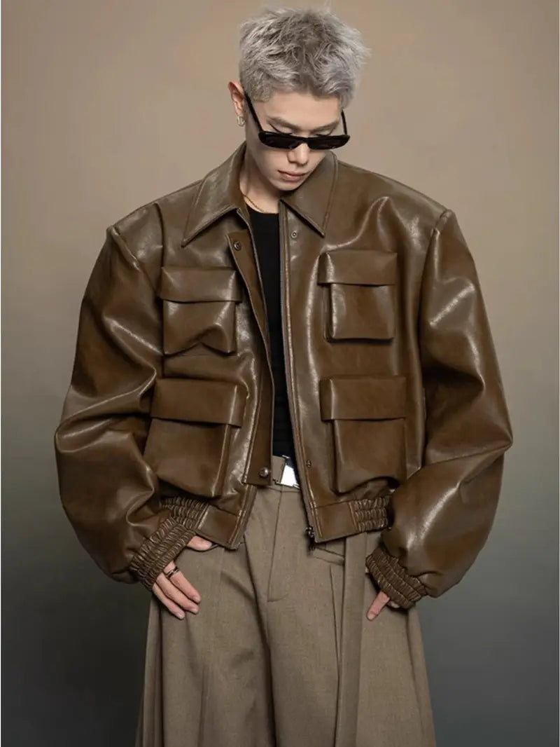 Men's Full-Zip Jacket with Multi-Pocket Design Black Loose Fit Casual Outerwear for Spring Autumn Mature Style