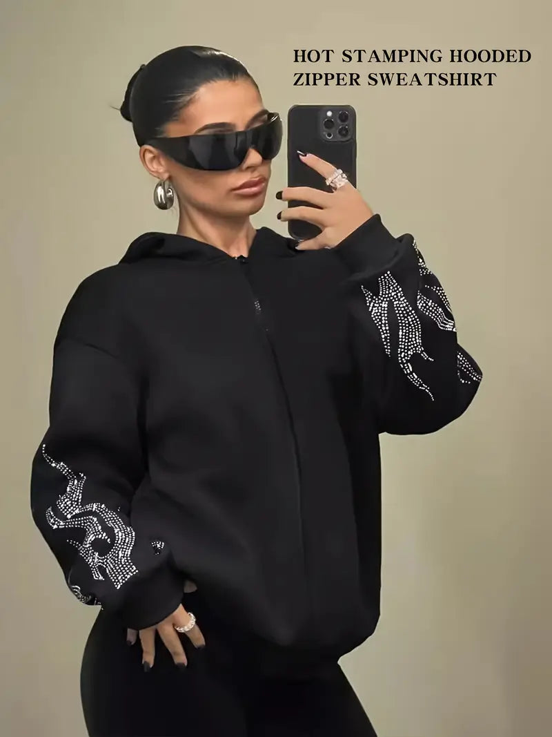 Women's Y2K Hip-Hop Hoodie with Black Flame Graphic Zip-Up Sweatshirt Loose Fit Streetwear Pullover