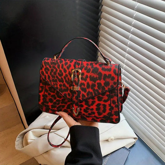Vintage Leopard Print Crossbody Bag – Adjustable Strap, Golden Hardware, Canvas Material Red