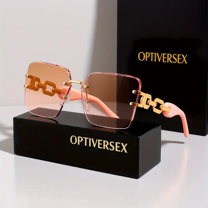 Luxury Oversized Square Fashion Glasses – Gradient Polycarbonate Lenses with Golden Metal Chain Temples, Includes Case & Cloth