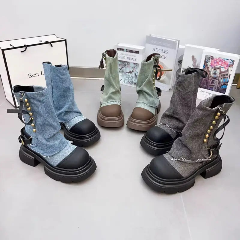 Women’s Korean Designer Chunky Platform Boots – PU Moccasin-Style Ankle Boots with Zipper Closure, Cuff Detailing & Pointed Toe for Autumn/Winter Casual & Formal Wear