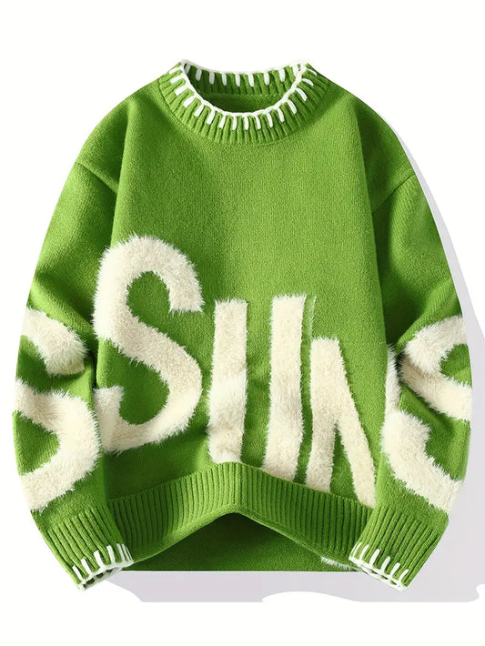 Men's Slim-Fit Winter Sweater – Fade Letter Pattern, Breathable Knit Pullover for Casual & Formal Wear