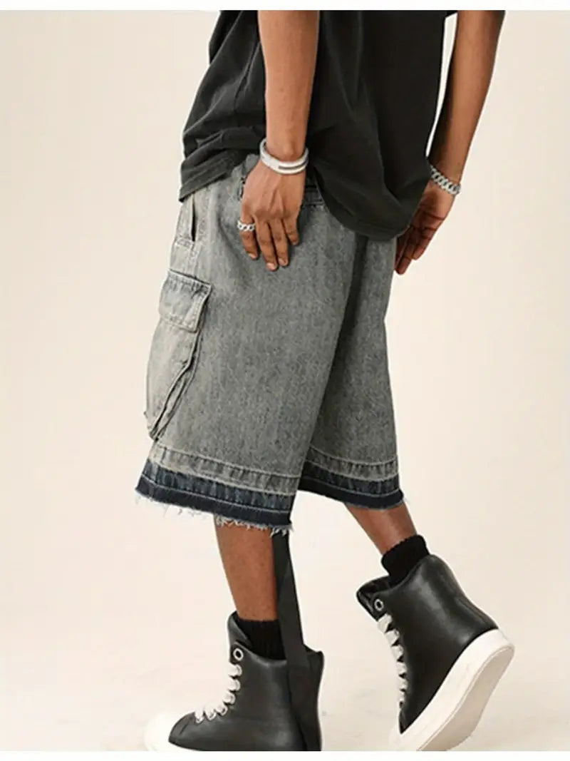 Men’s Y2K Goth Cargo Shorts – Baggy Denim Knee-Length with Multi-Pocket Streetwear Style