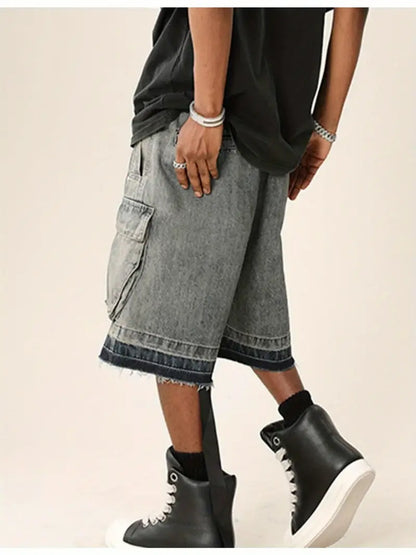 Men’s Y2K Goth Cargo Shorts – Baggy Denim Knee-Length with Multi-Pocket Streetwear Style