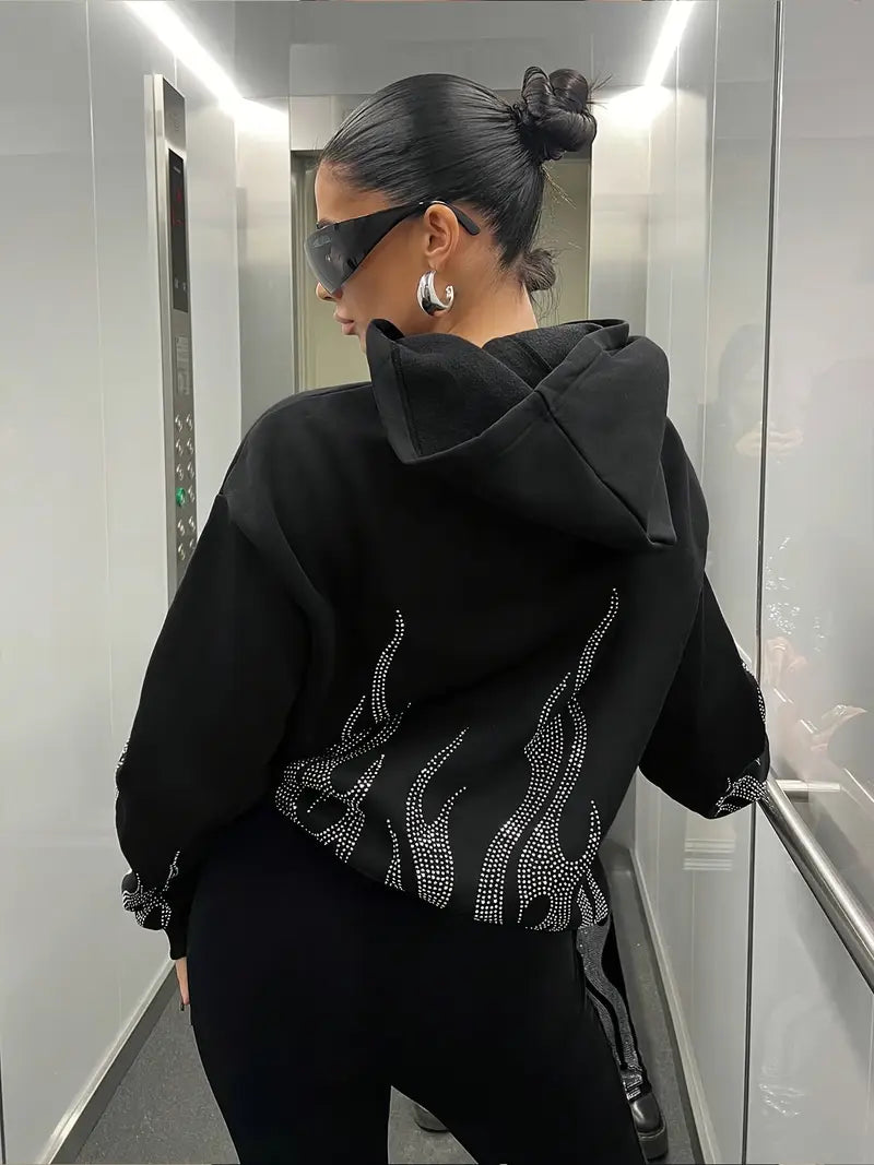 Women's Y2K Hip-Hop Hoodie with Black Flame Graphic Zip-Up Sweatshirt Loose Fit Streetwear Pullover