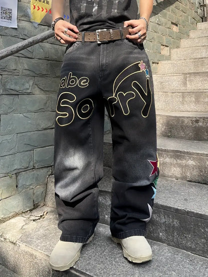 Men’s Trendy Loose Jeans – Letter Embroidered, High Street Style (No Belt, No Hanging Decoration)