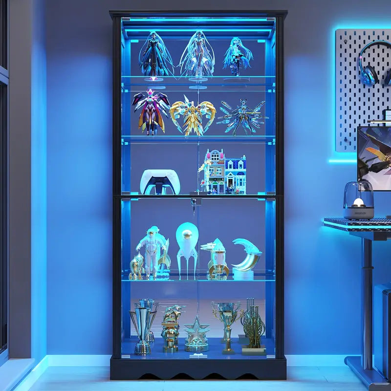 71'' Tall RGB LED Display Cabinet with Glass Doors Smart Modern Curio Case with Removable Shelves MDF Frame and Panel for Collectibles Books Medals Figures Black White