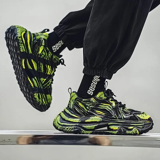 Men’s Chunky Platform Sneakers with Thick Height-Increasing Sole – Neon Green & Black, Round Toe Synthetic Upper, Arch Support, Cushioned Insole, Graffiti Style Casual Shoes for Parties, Office, Everyday Wear