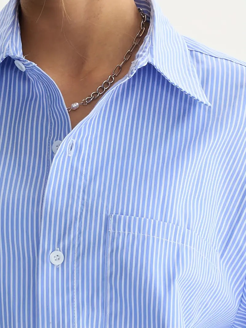 Unisex Casual Striped Shirt Oversized Short Sleeve Button-Up with Chest Pocket Lightweight Polyester