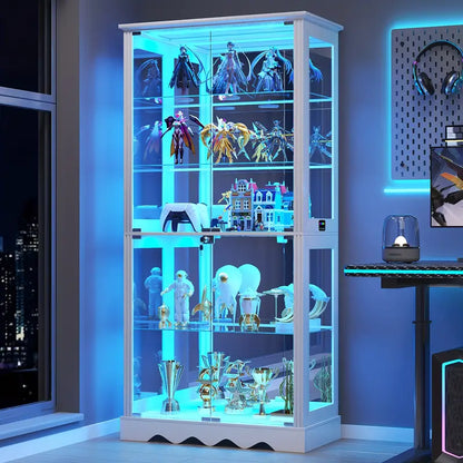 71'' Tall RGB LED Display Cabinet with Glass Doors Smart Modern Curio Case with Removable Shelves MDF Frame and Panel for Collectibles Books Medals Figures Black White