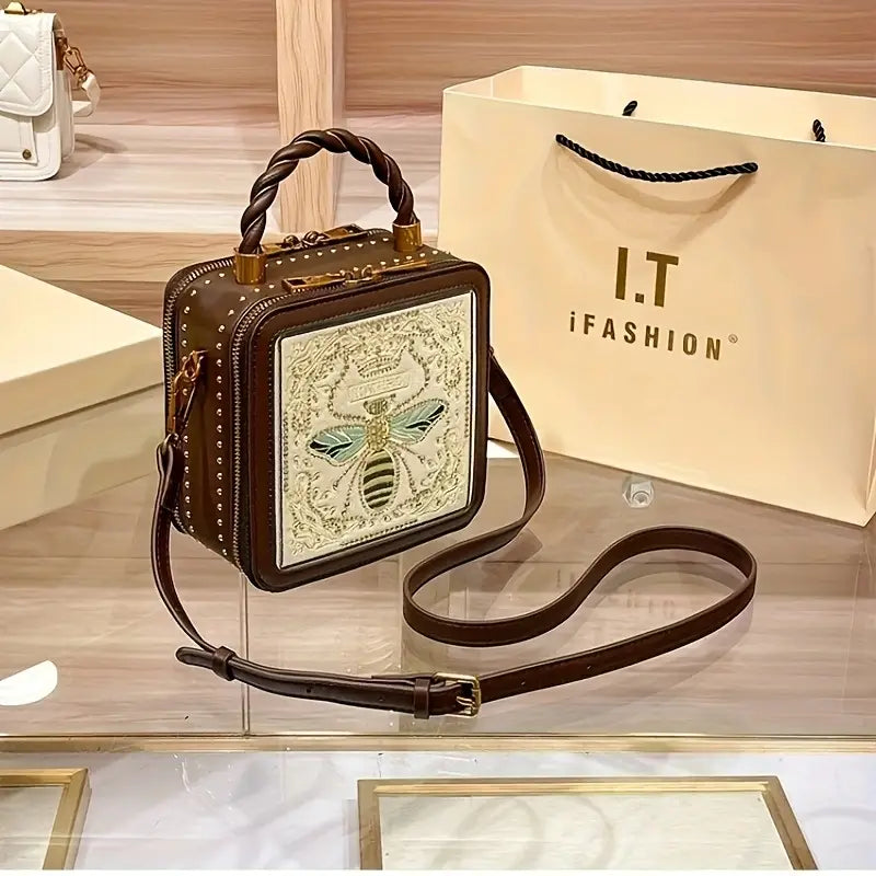 Vintage Bee Embroidered Tote Bag – Retro Geometric Design with Zipper Closure, Durable Handle & Two-Layer Construction for Casual and Formal Occasions