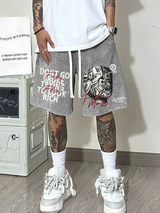 Men’s Heavyweight Cotton Shorts – Washed Loose Fit with Drawstring Waist & “Don’t Go Broke” Print