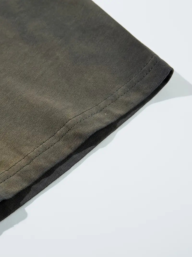 Men's Vintage Washed Tie-Dye T-Shirt Embroidered Letters Loose Fit Crew Neck Short Sleeve Summer Top Khaki