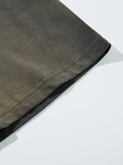 Men's Vintage Washed Tie-Dye T-Shirt Embroidered Letters Loose Fit Crew Neck Short Sleeve Summer Top Khaki