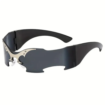 Y2K Cyberpunk Futuristic Fashion Glasses – Frameless Bat Wing Design with Black & Gold Accents, Decorative AC Lenses for Men & Women