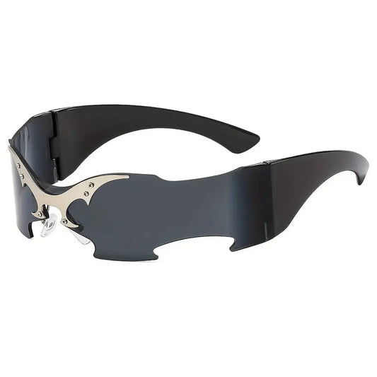 Y2K Cyberpunk Futuristic Fashion Glasses – Frameless Bat Wing Design with Black & Gold Accents, Decorative AC Lenses for Men & Women