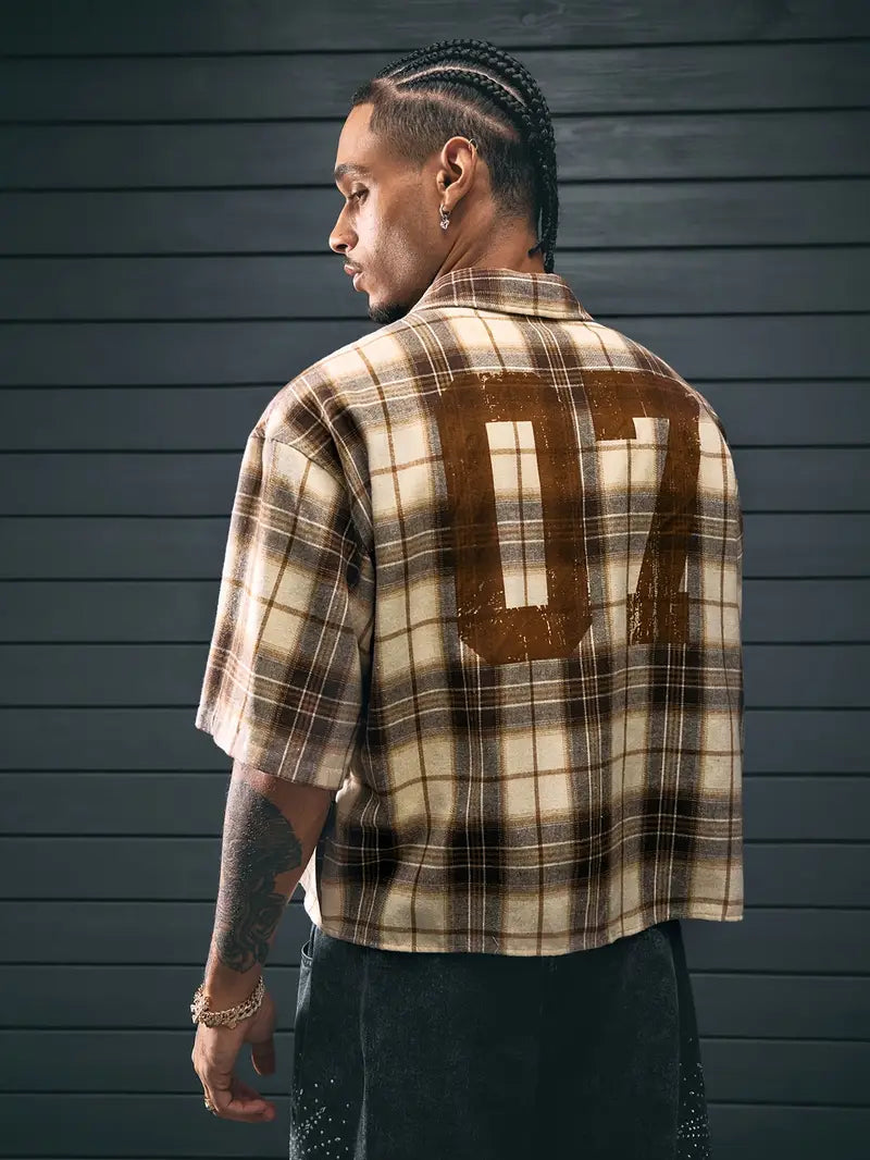 Men's Casual Short Sleeve Striped Print Shirt Loose Fit Button-Up Plaid and Solid Color Splice Design Khaki