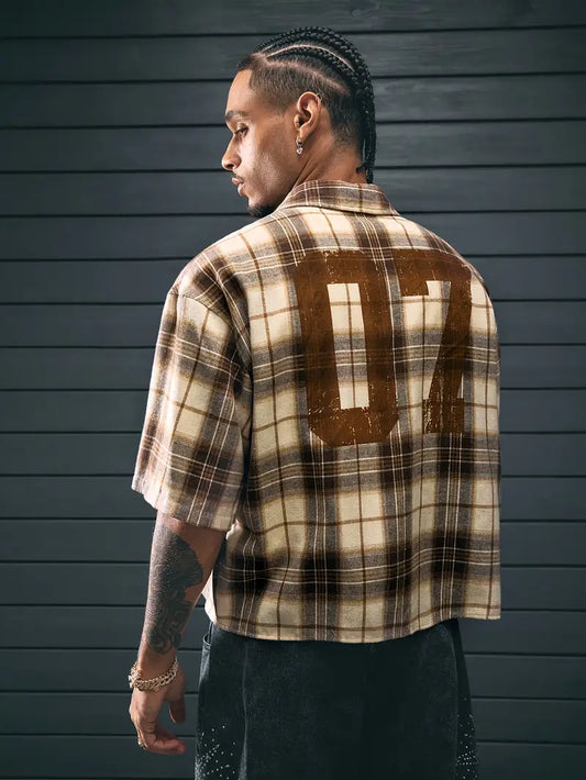 Men's Casual Short Sleeve Striped Print Shirt Loose Fit Button-Up Plaid and Solid Color Splice Design Khaki