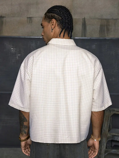 Men's Retro Plaid Print Shirt Short Sleeve Loose Fit Button-Up Woven Fabric for Summer Streetwear