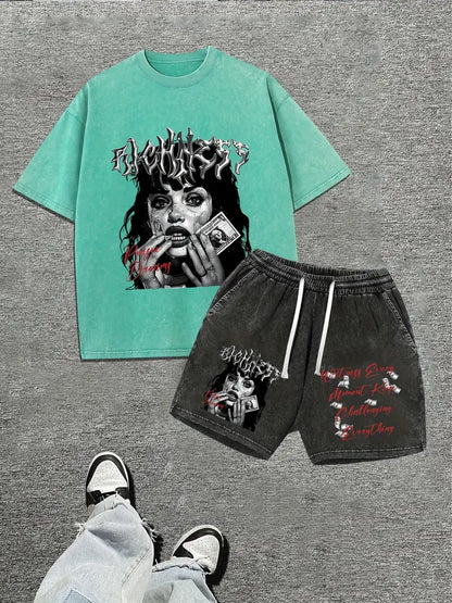 Men’s Retro Streetwear Set – Cotton T-Shirt & Shorts with Girl Print, Summer Casual Outfit