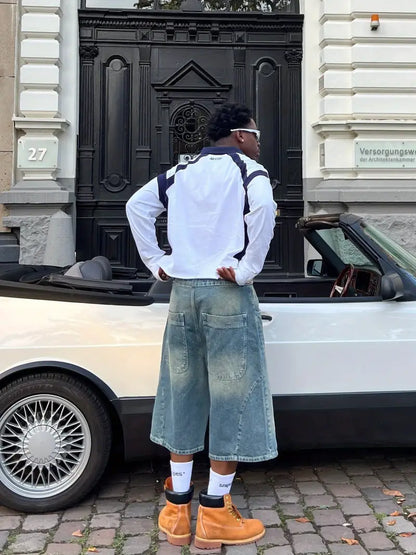 Men’s Washed Denim Shorts – Solid Color Knee-Length Loose Fit with Retro Style for Summer Streetwear