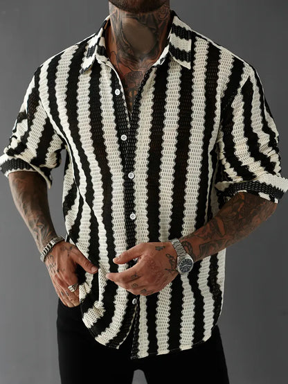 Men's Black White Striped Oversized Long Sleeve Shirt Button-Up Polyester No-Stretch for Casual Formal Wear