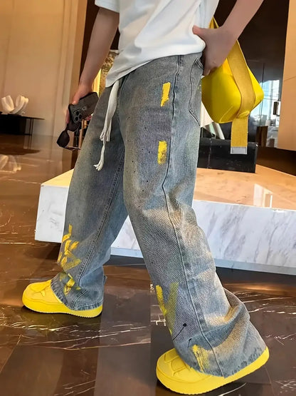 Unisex Jacquard Streetwear Jeans – Light Blue Flared Denim with Elastic Waistband & Regular Fit