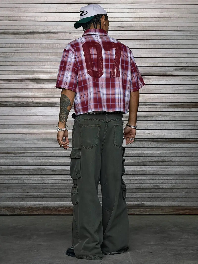 Men's Casual Short Sleeve Striped Print Shirt Loose Fit Button-Up Plaid and Solid Color Splice Design Khaki Crimson