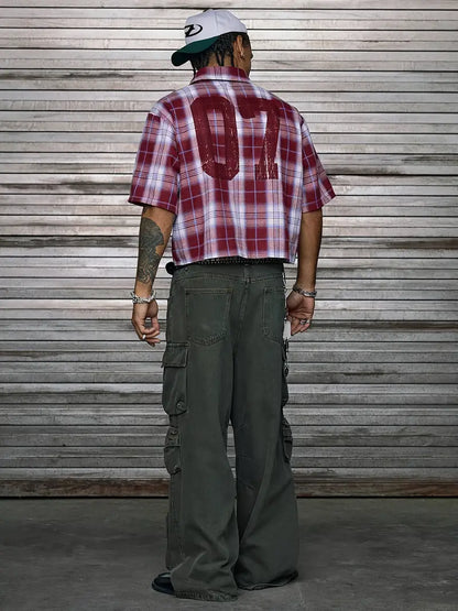 Men's Casual Short Sleeve Striped Print Shirt Loose Fit Button-Up Plaid and Solid Color Splice Design Khaki Crimson