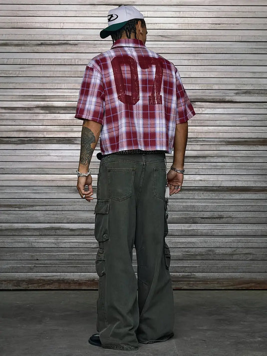 Men's Casual Short Sleeve Striped Print Shirt Loose Fit Button-Up Plaid and Solid Color Splice Design Khaki Crimson