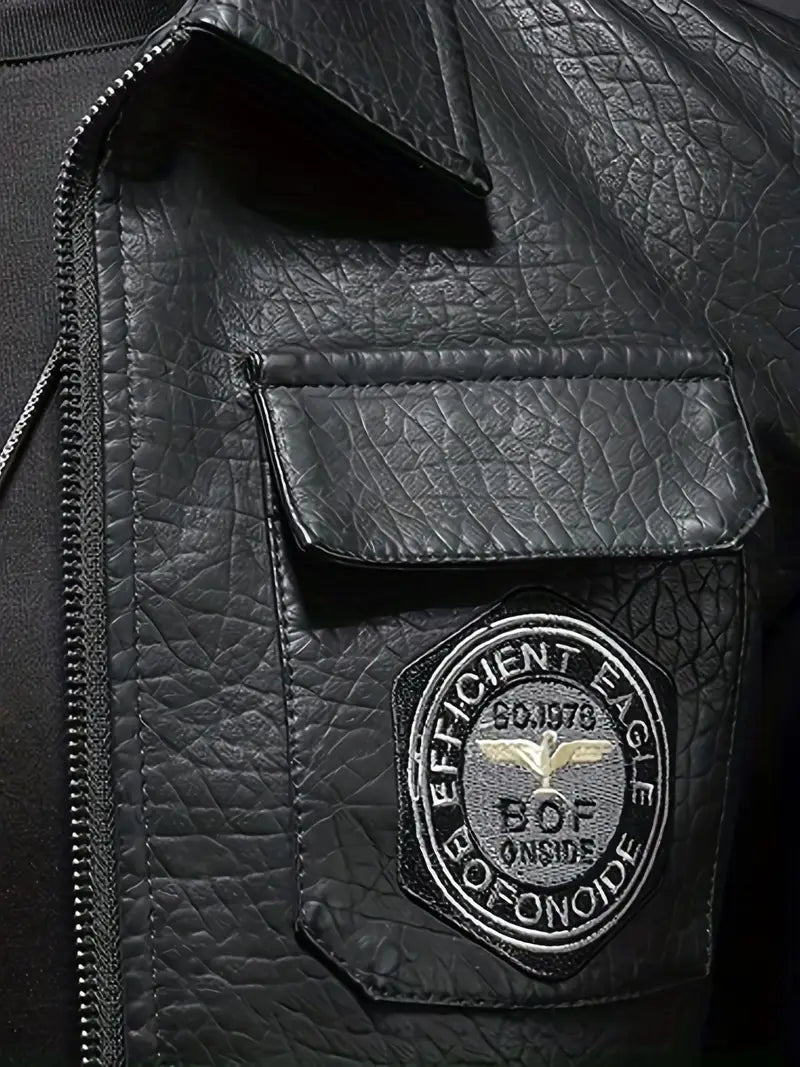 Men's Windproof PU Leather Jacket Stand Collar Zipper Casual Outerwear for Autumn Winter