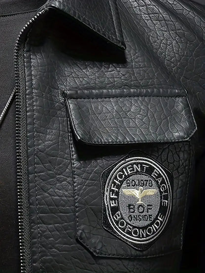 Men's Windproof PU Leather Jacket Stand Collar Zipper Casual Outerwear for Autumn Winter