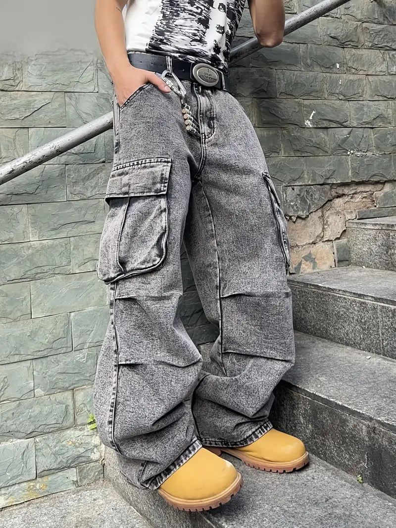 Men’s Solid Color Wide-Leg Jeans – Regular Fit Denim with Raw Hem & Button Closure for All-Season Wear