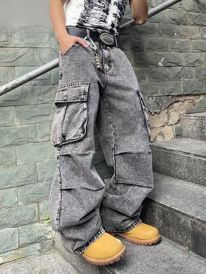 Men’s Solid Color Wide-Leg Jeans – Regular Fit Denim with Raw Hem & Button Closure for All-Season Wear