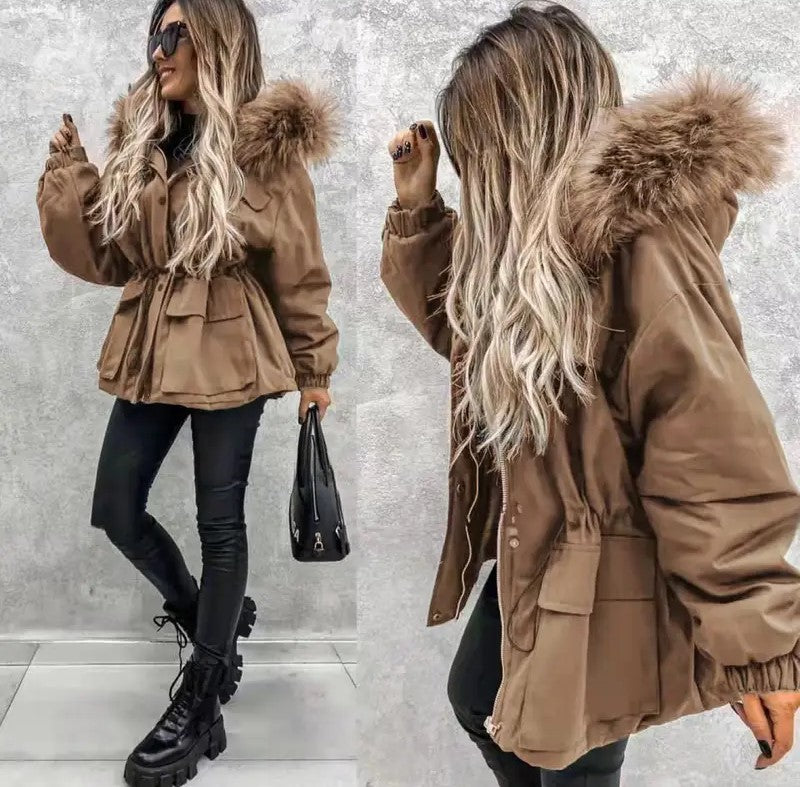 Women's Thick Fleece-Like Winter Jacket with Fur Collar Hood European Style Cold Weather Outerwear