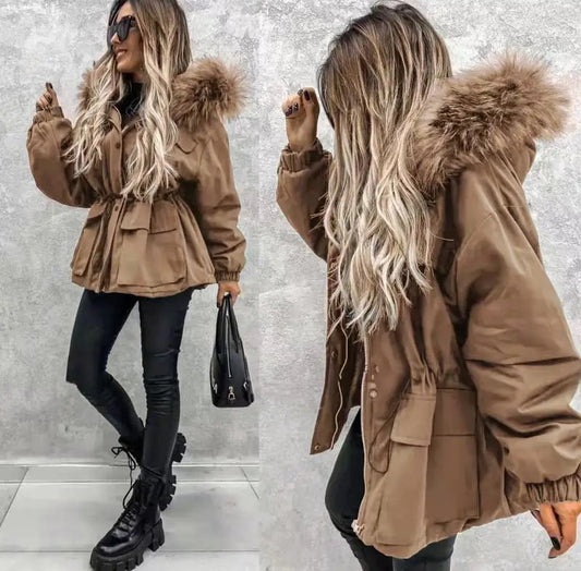 Women's Thick Fleece-Like Winter Jacket with Fur Collar Hood European Style Cold Weather Outerwear