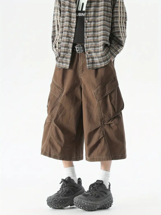 Men’s Brown Cargo Shorts – Loose Fit Striped Design with Drawstring Waist & Large Utility Pockets Brown