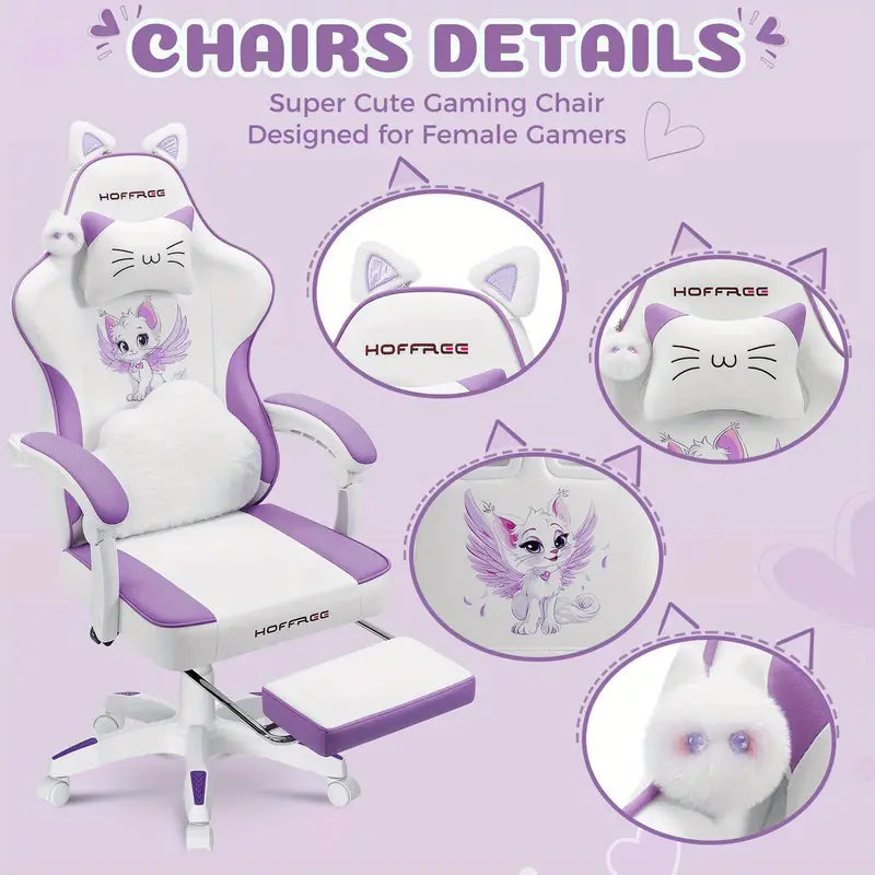 Cute Cat Ear Gaming Chair – Massage Lumbar Cushion, Footrest, USB Powered, White & Purple
