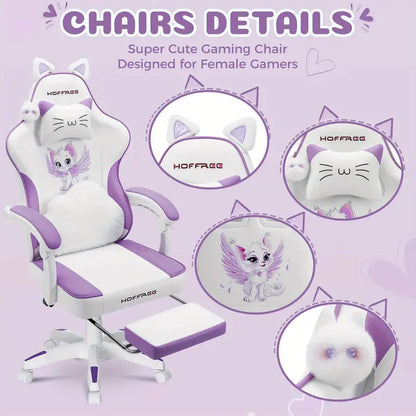 Cute Cat Ear Gaming Chair – Massage Lumbar Cushion, Footrest, USB Powered, White & Purple