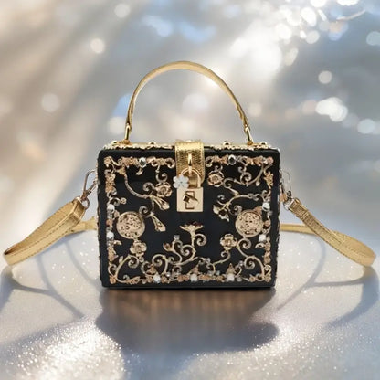 Ladies Acrylic Rhinestone Evening Clutch – Square Box Glitter Crossbody Purse with Zipper Closure & Golden-Tone Hardware