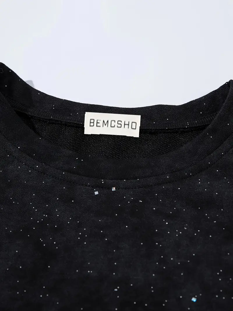 Men's Black Starry Sky T-Shirt Short Sleeve Regular Fit Round Neck Geometric Print for Gym & Daily Wear