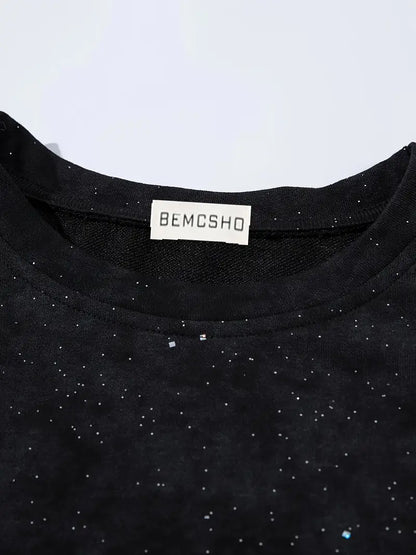 Men's Black Starry Sky T-Shirt Short Sleeve Regular Fit Round Neck Geometric Print for Gym & Daily Wear