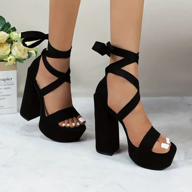 GLAZE Women’s Chunky Block Heel Sandals – Adjustable Lace-Up Crisscross Straps, Thick Platform Design with PU Synthetic Cover for Weddings, Parties & Summer Events