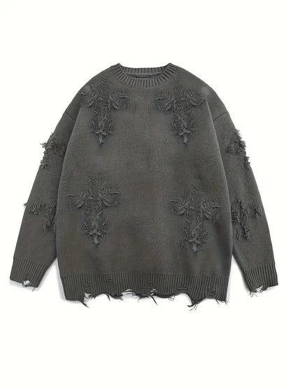 Men's Distressed Knit Sweater – Unisex Pullover, Drop Shoulder, Casual Streetwear for Fall/Winter