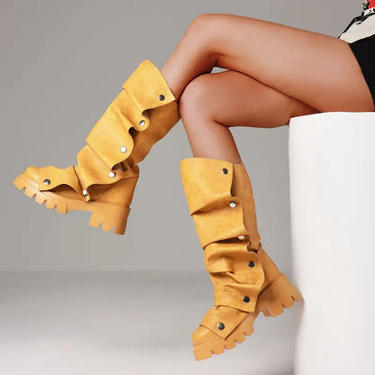 Women’s Chunky Platform Mid-Calf Boots – Punk Style Pull-On Design with Non-Slip Rubber Sole & Glossy PU Cover