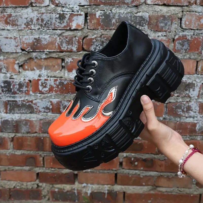 Women’s Gothic Punk Platform Sneakers – Flame Design Lace-Up Shoes with Thick Sole & PU Upper for Concerts, Streetwear & Themed Events