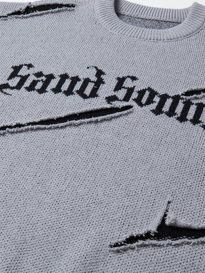 Men's Distressed Knit Sweater – Casual Pullover, Ripped Detail, Loose Fit Streetwear for Fall/Winter Grey